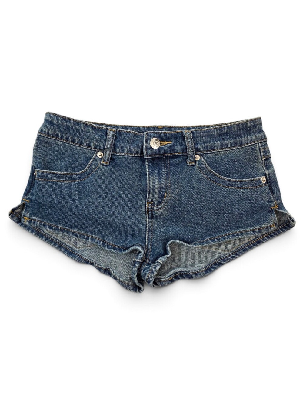 Edikted Denim Micro Mini Shorts Low Rise Stretch Blue Hot Pants XS Festival Rave